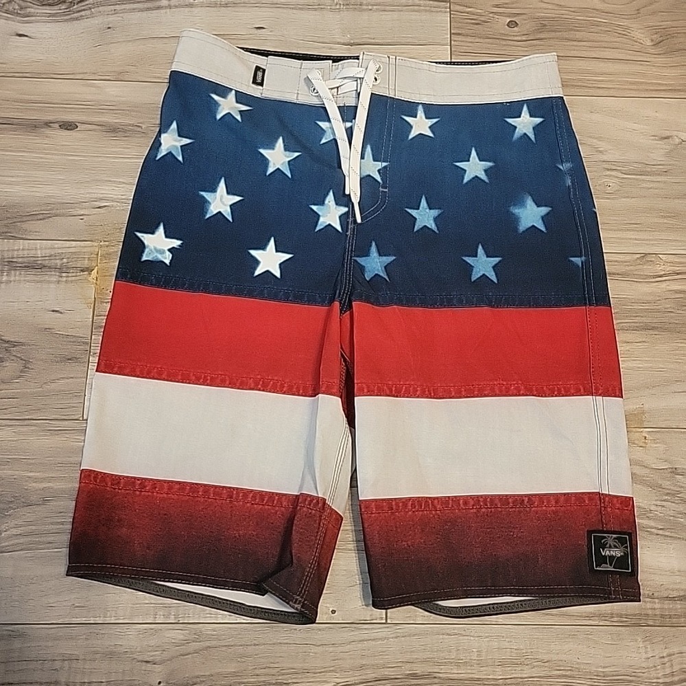Vans Swim Trunks Youth 27 Red White Blue Stars American Flag‎ Patriotic Unlined